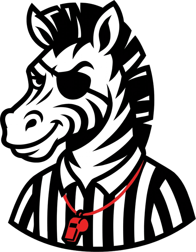 Monty, the WhistleBets zebra referee, with an eye patch and a red whistle